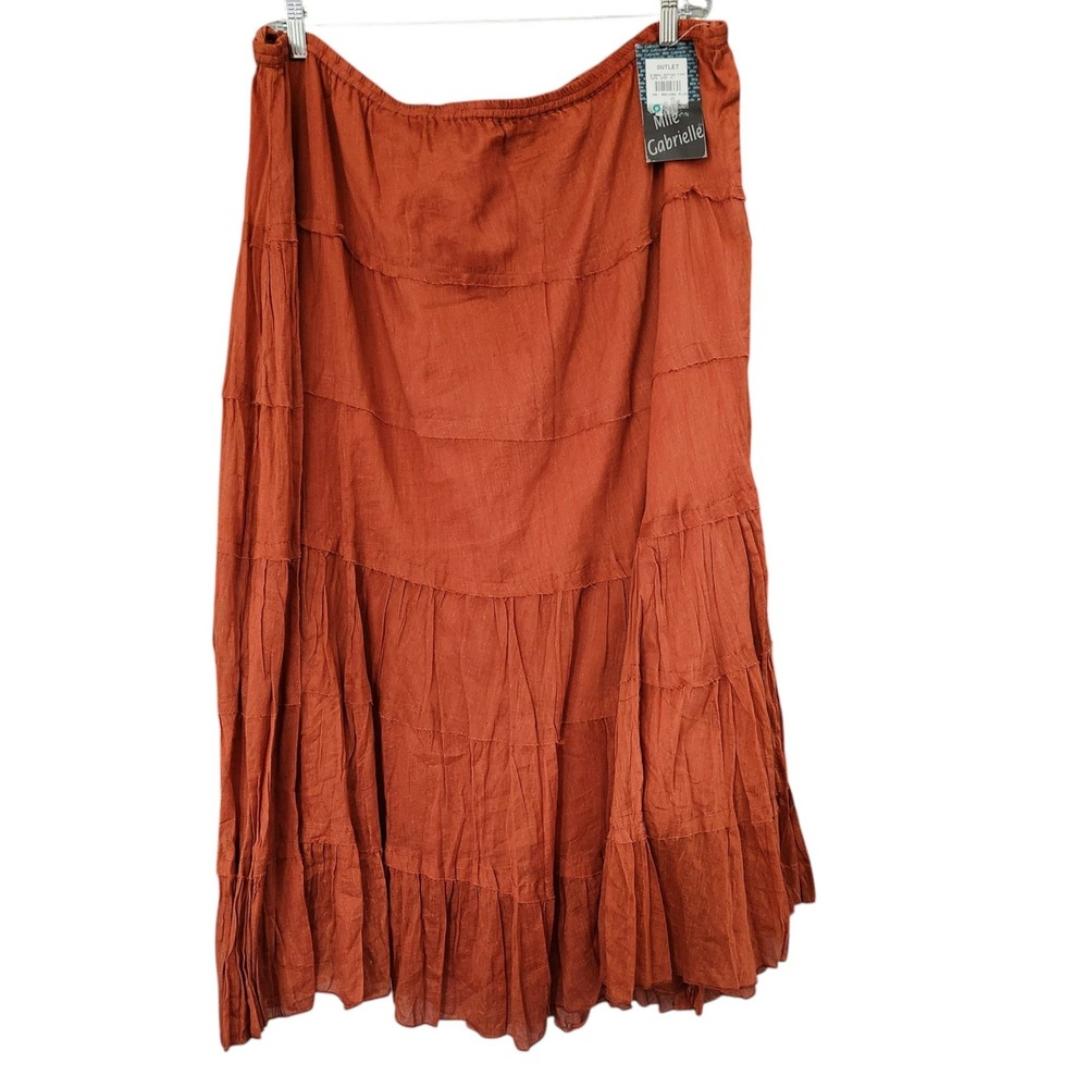 Mlle Gabrielle Rust Orange Tiered Cotton Maxi Skirt 3X Boho Raw Edge NWT